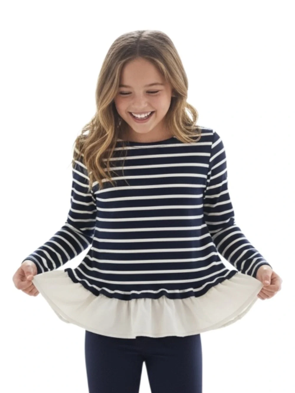 CREWCUTS J Crew 14 L Girls Navy Blue White Striped Top White Ruffle Bottom R $69